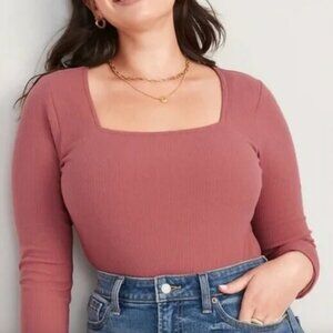 Old Navy Square Neck Long Sleeve Ribbed Bodysuit Dusty Red Rust Terracotta Sz L